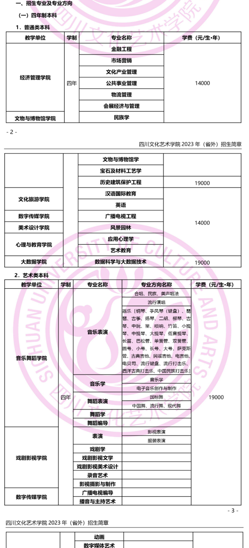 四川文化艺术学院2023（省外）招生简章